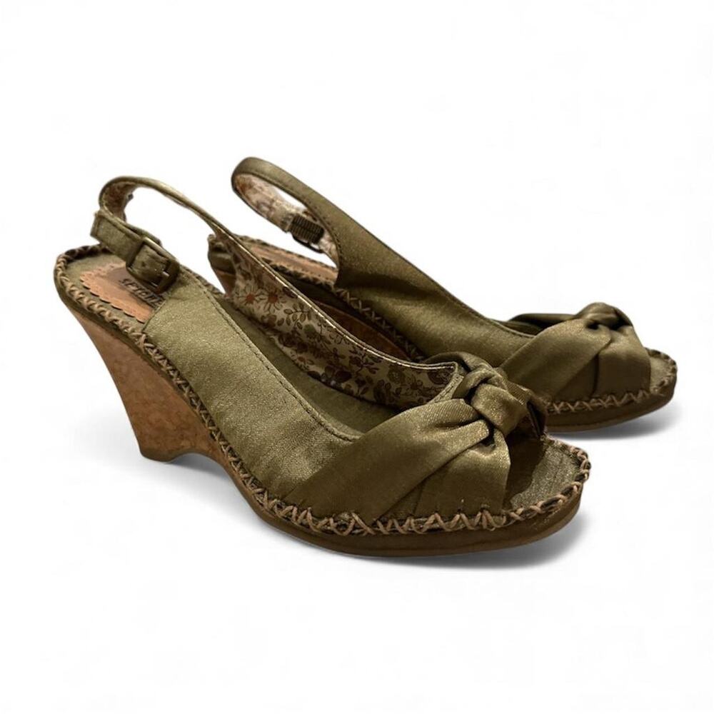Seychelles satin peep toe sling back wedge heels, olive green, size 6